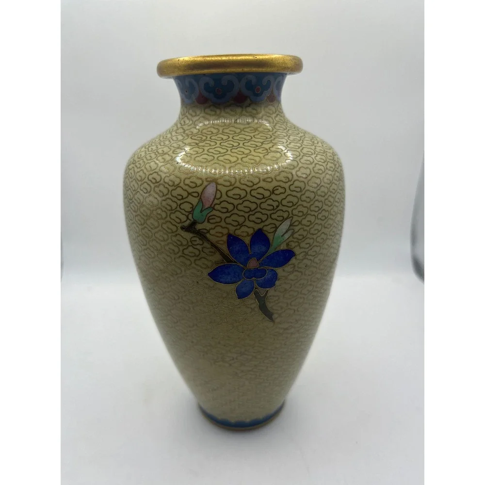 Vintage Cloisonne Vase‎ Floral Bird Design Gold Rimmed Accent Decor